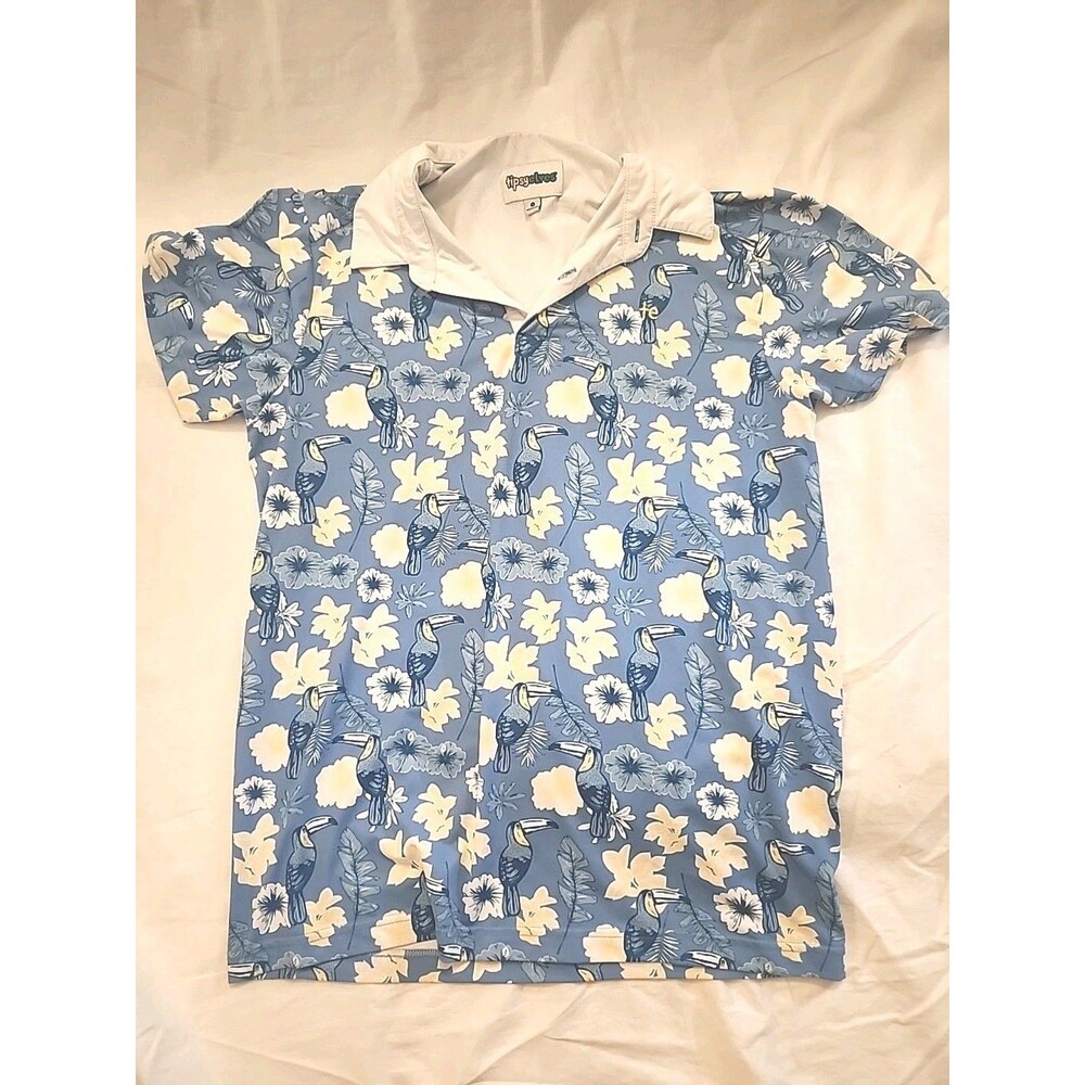 Tipsy Elves Polo Shirt SMALL Blue Tucan Floral Hawaiian Stretch Casual Beach Men